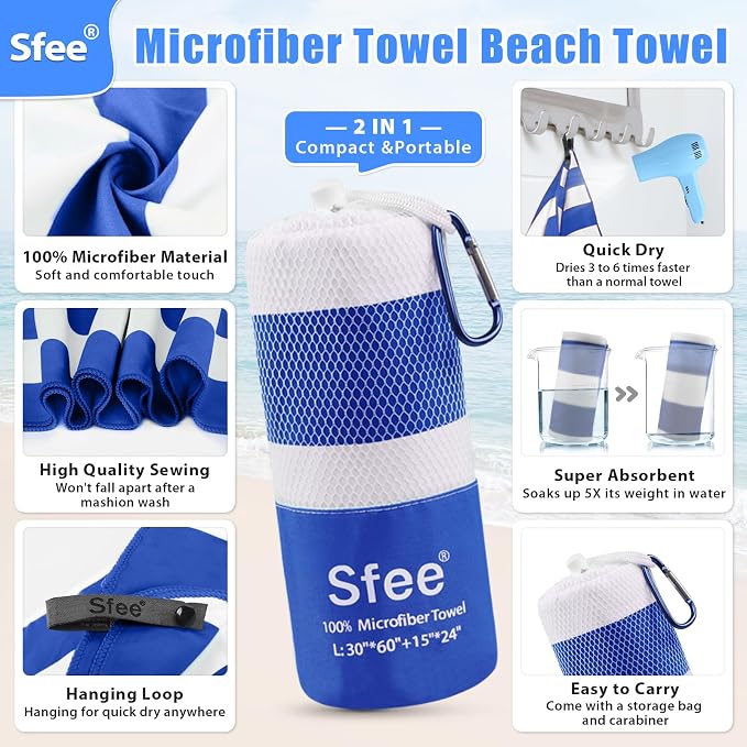 Sfee 2 in 1 Microfiber Beach Towel, Quick Dry Towel Travel Camping Towel Super - Image 2