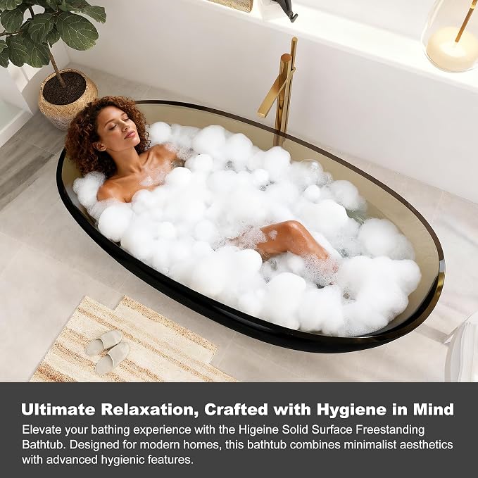 71" Premium Solid Surface Freestanding Bathtub, Upgraded Transparent Dark Brown - Image 5