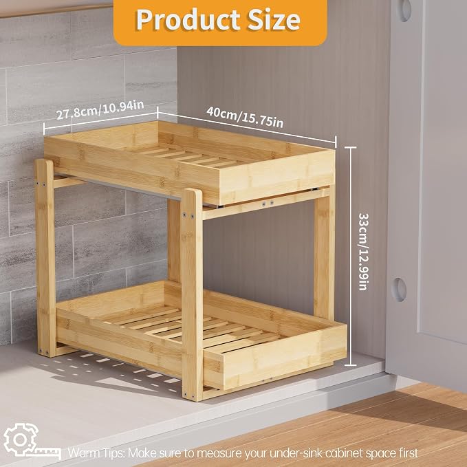 Bamboo Wood Under Sink Organizer 2 Pack, Pull Out Cabinet Organizer 2 Tier - Image 2