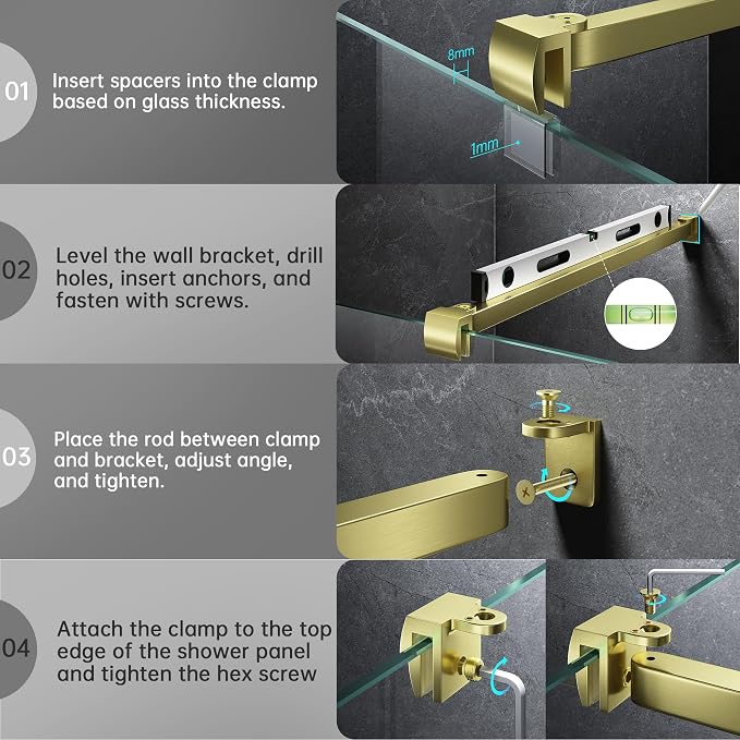 Frameless Shower Door Support Bar, Stainless Steel Wall-to-Glass Support Arm to - Image 4
