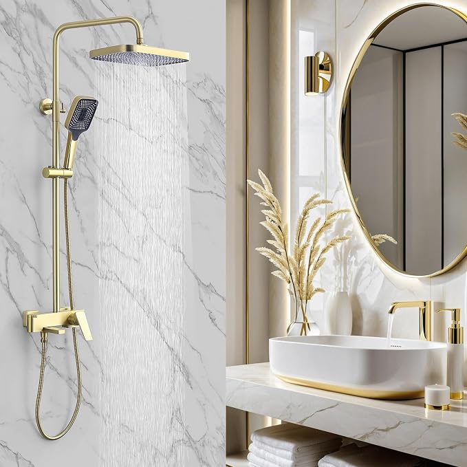 Shower Systems with 12 x8 Inches Rain Shower Head, Brushed Gold Exposed Pipe by Chalirs