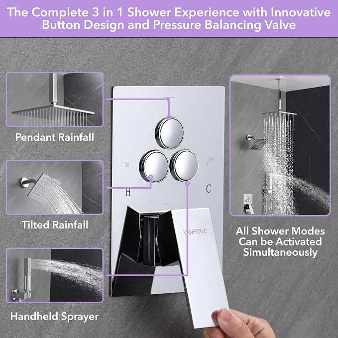 VANFOXLE Shower Faucet Set Chrome Shower System, Push Button Diverter Shower - Image 5