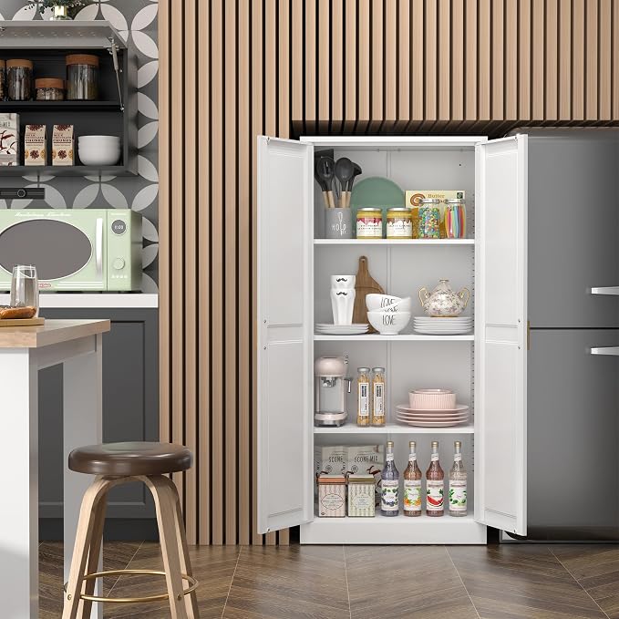 Kitchen Pantry Cabinet, 60”White Metal Pantry Storage Cabinet - Image 2