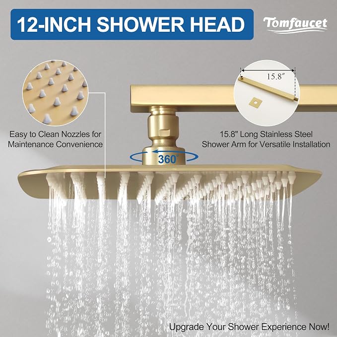 Brushed Gold 12" Rainfall Shower System - Image 4