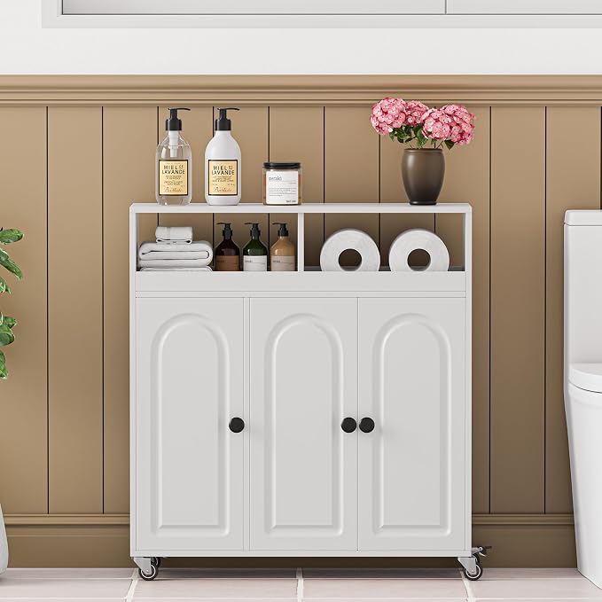 Bathroom Storage Cart with Doors，3-Door Cabinet & Divided Open Shelf，Rolling - Image 3