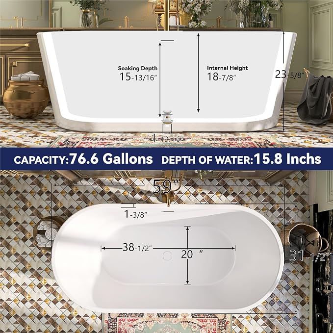 59" Acrylic Free Standing Tub, Stand Alone Tub, Freestanding Bathtub, Soaking - Image 7