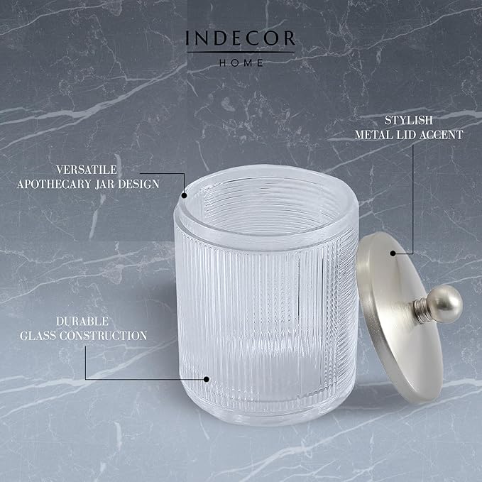 Clear Transparent Apothecary Ribbed Geometric Etched Glass Jar W/Satin Nickel - Image 3