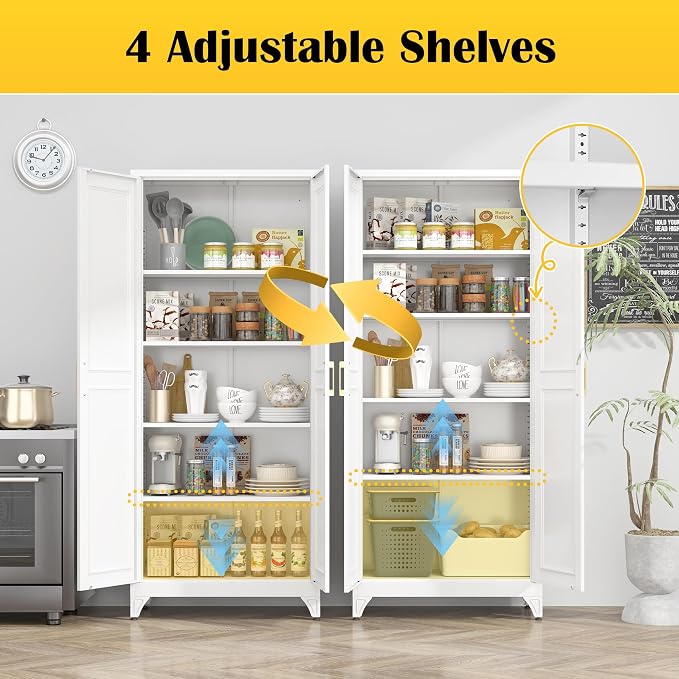 Kitchen Pantry Cabinet, 75”White Metal Storage Cabinets - Image 5