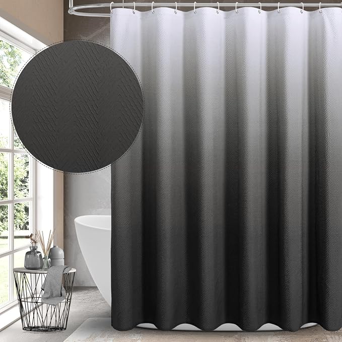 Gibelle Ombre Black Shower Curtain, 3D Embossed Textured Herringbone Fabric by Gibelle