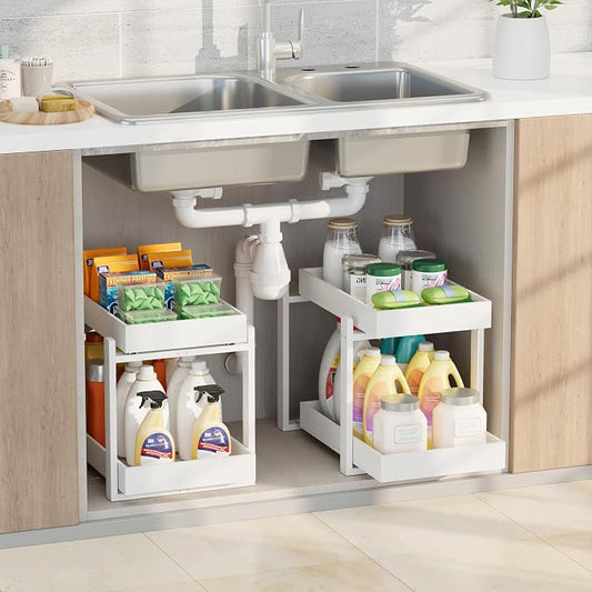 2 Pack Under Sink Organizer, Bamboo Wooden 2-Tier Pull-Out Storage by HEALTHYYOU