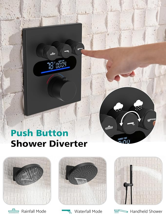 Lefton Shower System in Fahrenheit Display, 13” Overhead Round Rainfall Shower - Image 3
