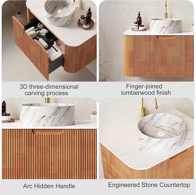 30" Bathroom Vanity with Sink, Floating Cabinet with Ultra-Thin Marble Ceramic - Image 3