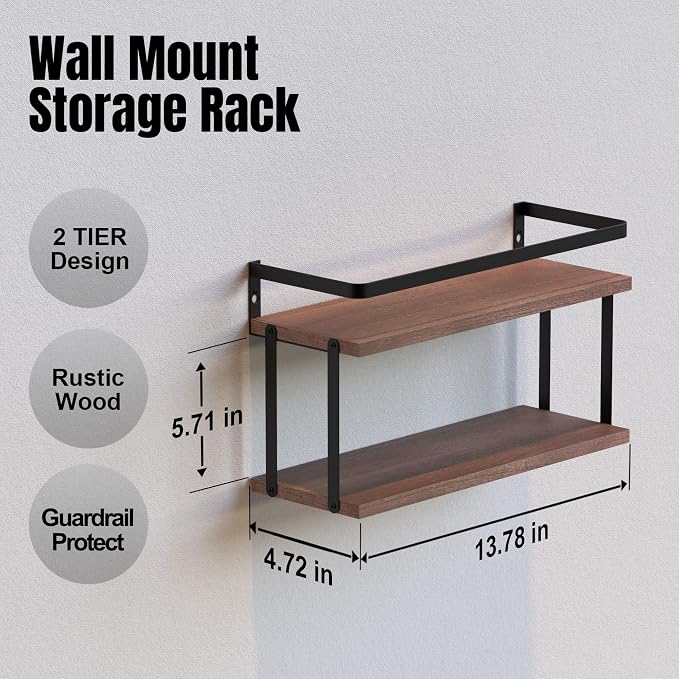 RICHER HOUSE Dual-Level Guardrail Bathroom Shelves, Wood Floating Shelf Wall - Image 2