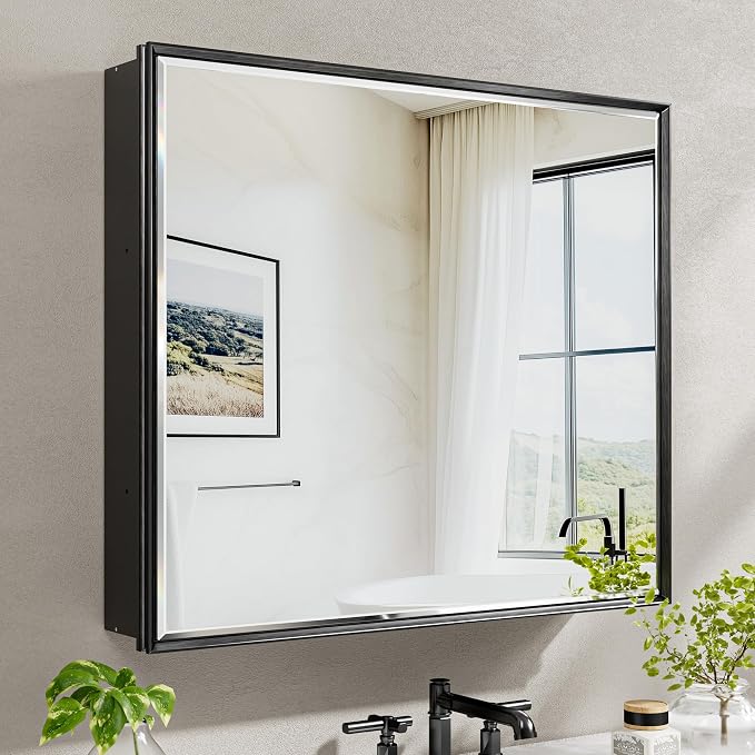 30x26 Pre-Assembled Black Medicine Cabinet by QUEENFUN
