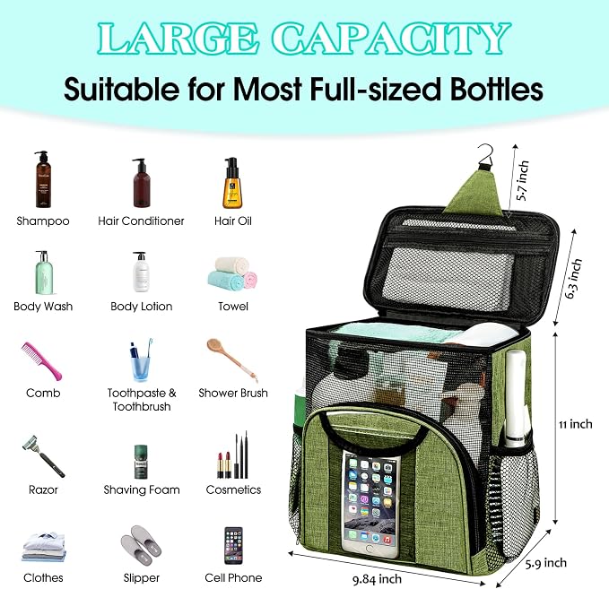 Attmu Portable Shower Caddy College Tote Bag, Quick Dry Hanging Toiletry Bag - Image 2