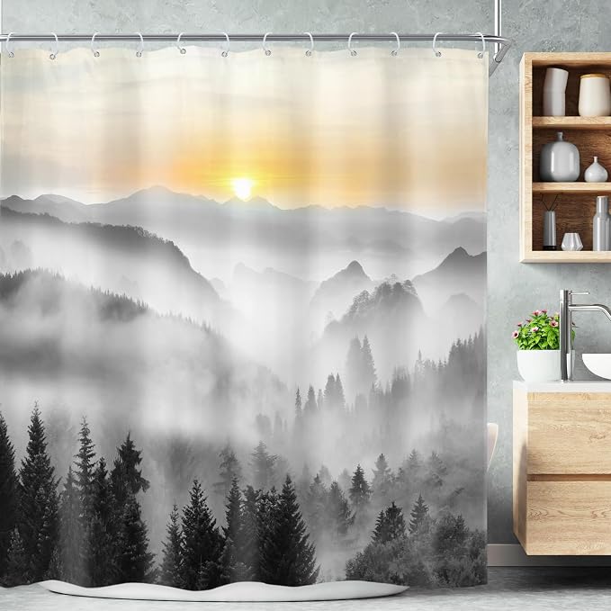 Riyidecor Misty Mountain Shower Curtain 72Wx72H Inch Black Sunrise Foggy by Riyidecor