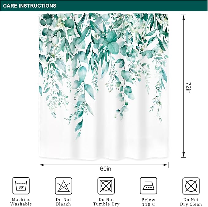 Riyidecor Teal Eucalyptus Leaves Shower Curtain - Image 4
