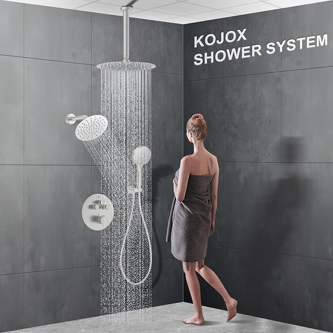 KOJOX Brushed Nickel Thermostatic Shower System, Push Button Diverter Shower - Image 7