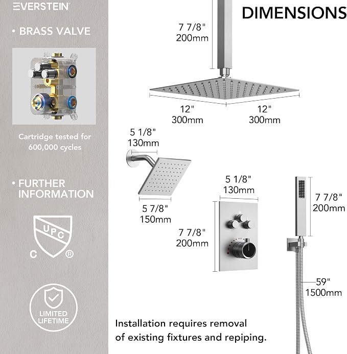 Ceiling Mount 12" High-Pressure Rainfall Shower Faucet, Dual Rainfall Shower - Image 8
