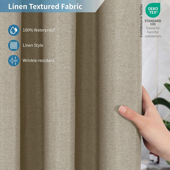 2-in-1 Waterproof Extra Long Fabric Shower Curtain or Liner, Linen Textured - Image 4