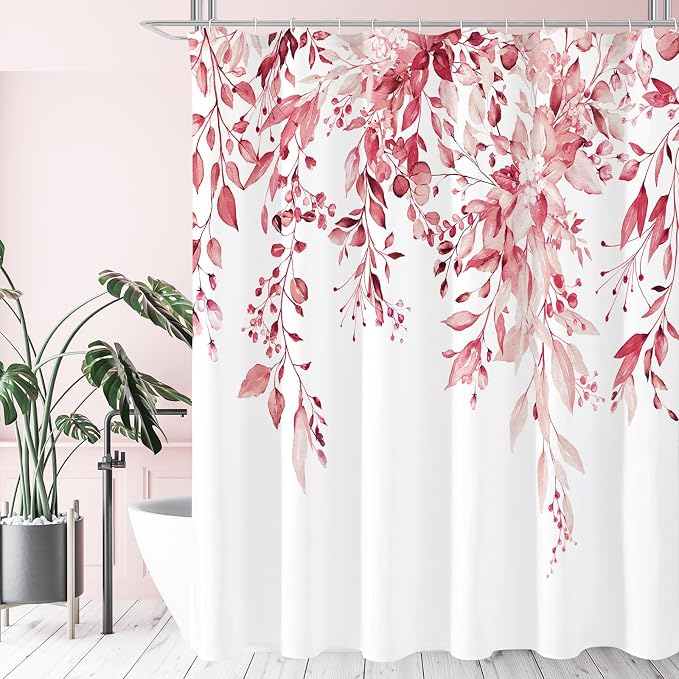 Gibelle Long Shower Curtain 72 x 78, Tall Pink Floral Shower Curtain by Gibelle