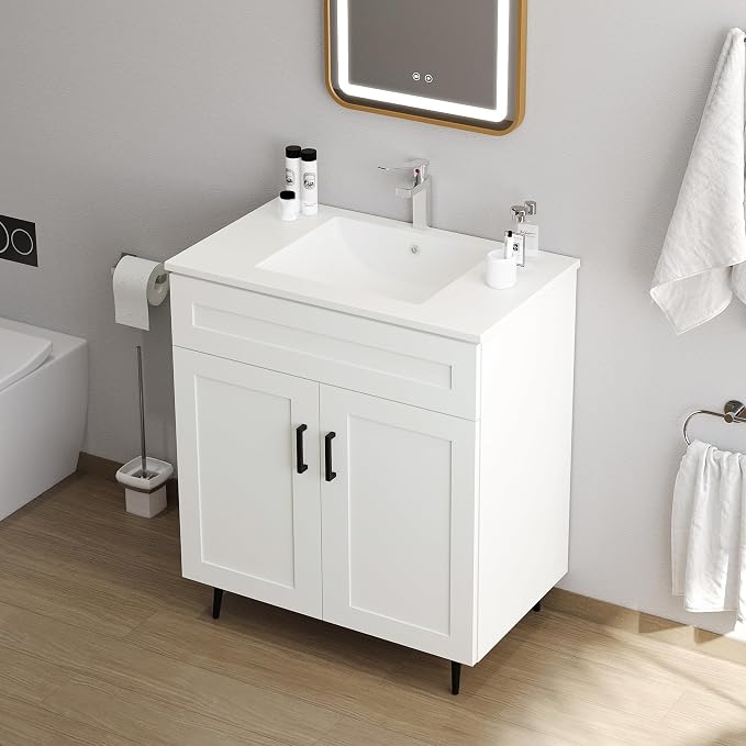 30" Bathroom Vanity with Sink, Freestanding Wooden Bathroom Vanity with 2 Doors - Image 4