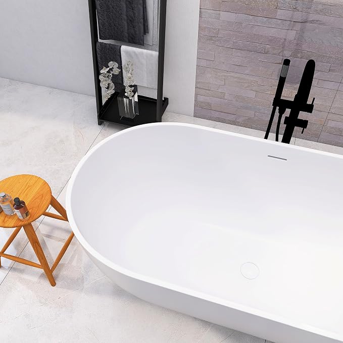 59 Inch Freestanding Bathtub Oval Shaped Solid Surface Resin Stone soaker - Image 8