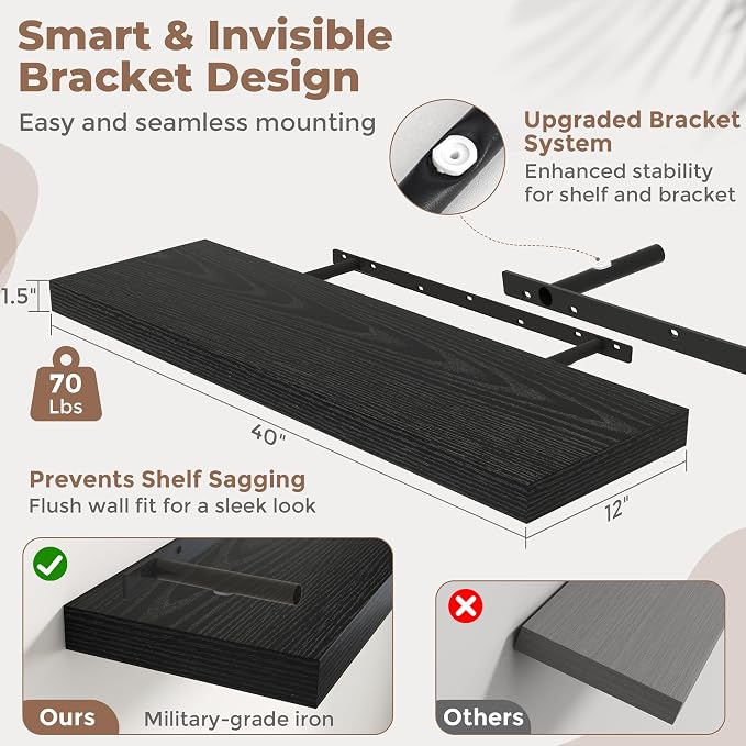 40 Inch Long Floating Shelves for Wall Set of 2, Easy Install Engineered Wood - Image 3