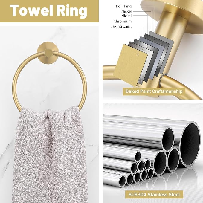 Bathroom Towel Holder Set, 6 Pieces Brushed Gold Towel Bar Bathroom Hardware - Image 3