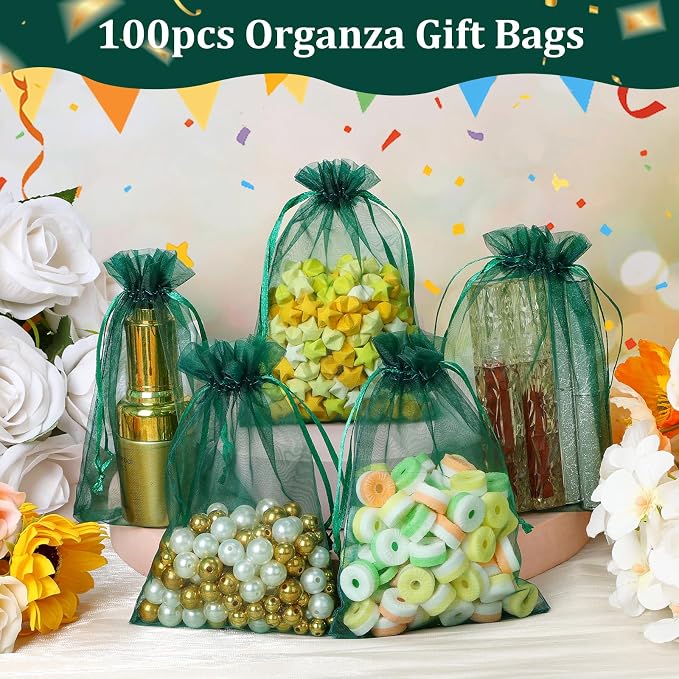Hopttreely 100PCS Dark Green Organza Bags, 4X4.72 inch Mesh Bags Drawstring - Image 4