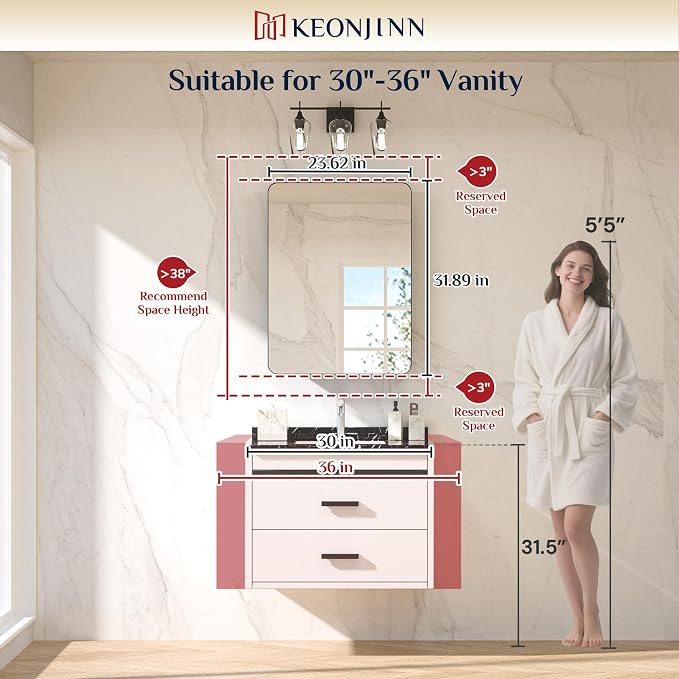Keonjinn 24 x 32 Inch Brushed Nickel Mirrored Medicine Cabinet, Recessed - Image 3