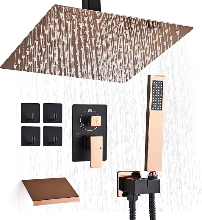 12 Inch Ceiling Mount Shower System Matte Black Gold Rain Mixer Shower Combo by RTOBWEYE
