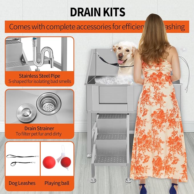 38 Inch Dog Grooming Bathtub Station, Professional Stainless Steel Wash Shower - Image 7