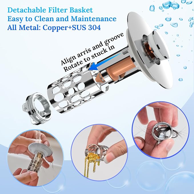 Pop up Bathroom Sink Drain Strainer, Universal Sink Stopper Bathroom Drain - Image 5