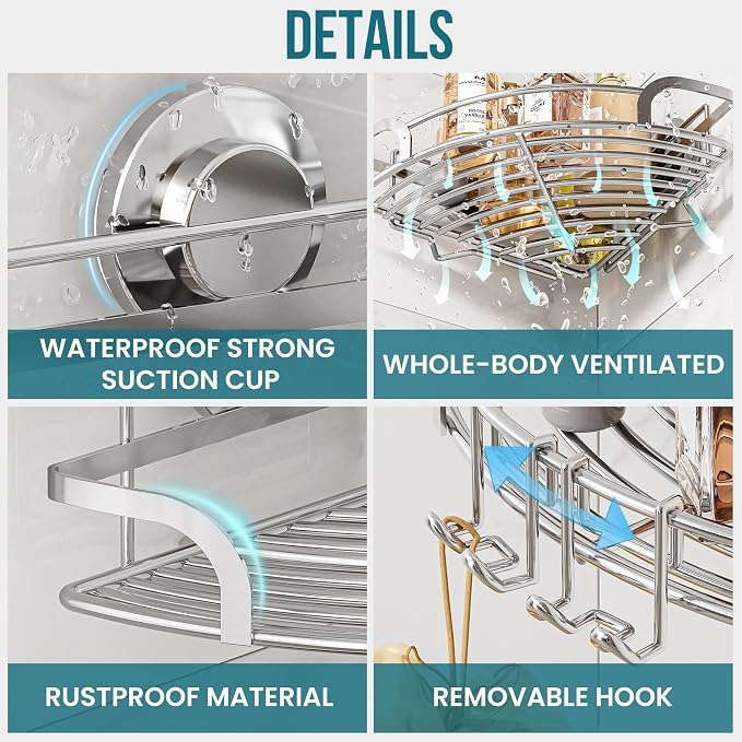TAILI 2 Pack Powerful Suction Cup Corner Shower Caddy, Stainless Steel - Image 3