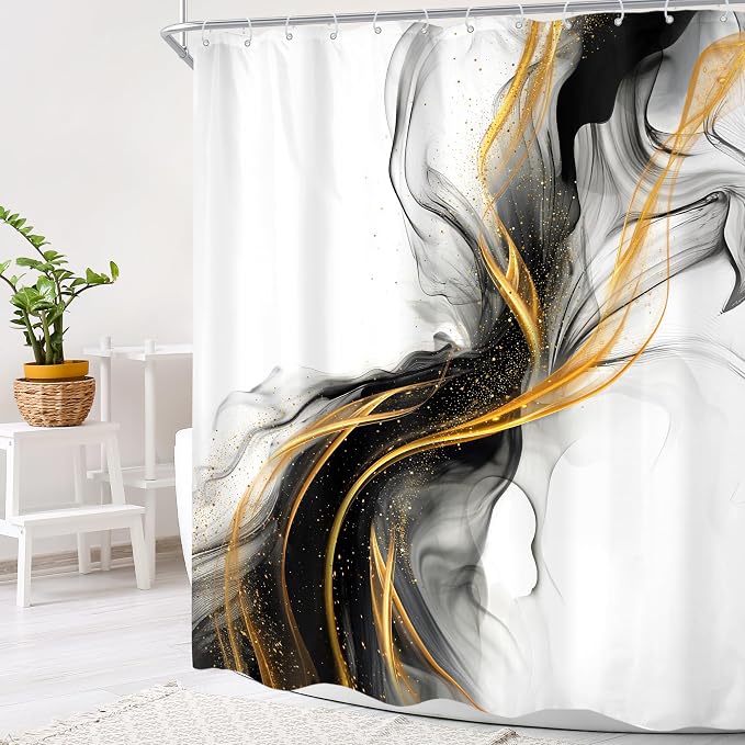 Cinbloo Black and Gold 60Wx72H Shower Curtain Abstract Modern Ombre Grey Golden - Image 2