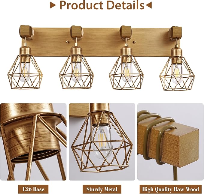 Farmhouse Bathroom Light Fixtures, 4-Light Gold Bathroom Vanity Light, Rustic - Image 3