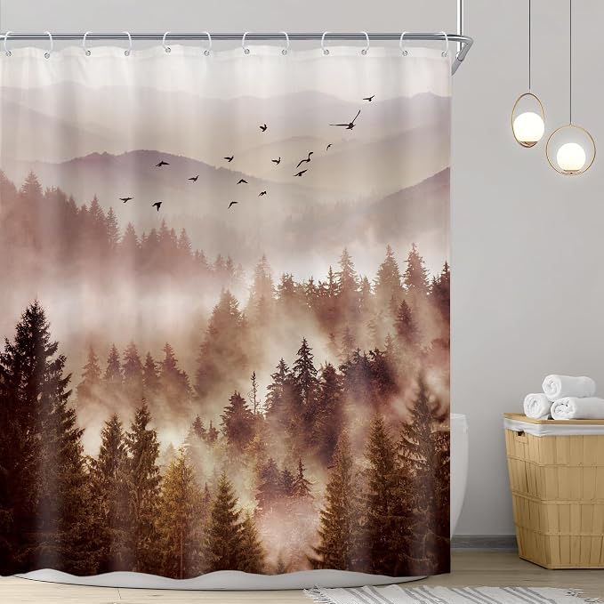 Riyidecor Foggy Mountain Shower Curtain 60Wx72H Inch Abstract Woodland Misty - Image 2