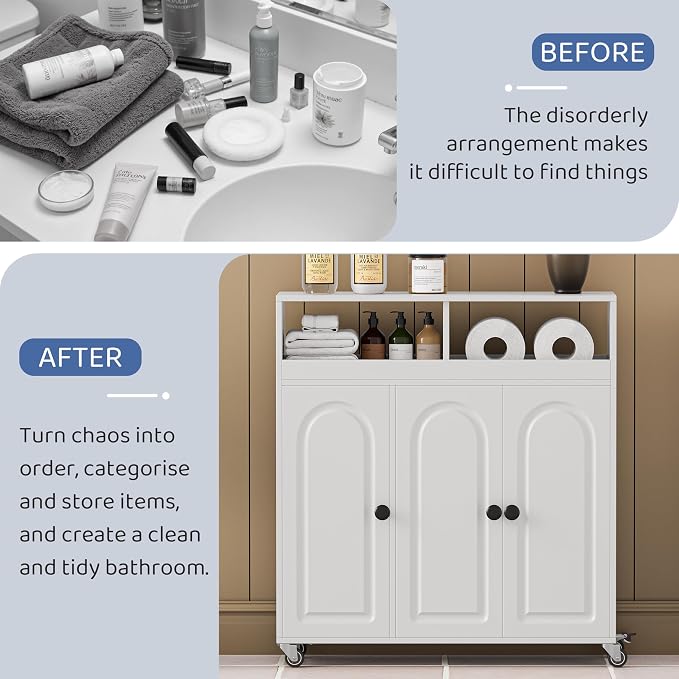 Bathroom Storage Cart with Doors，3-Door Cabinet & Divided Open Shelf，Rolling - Image 5