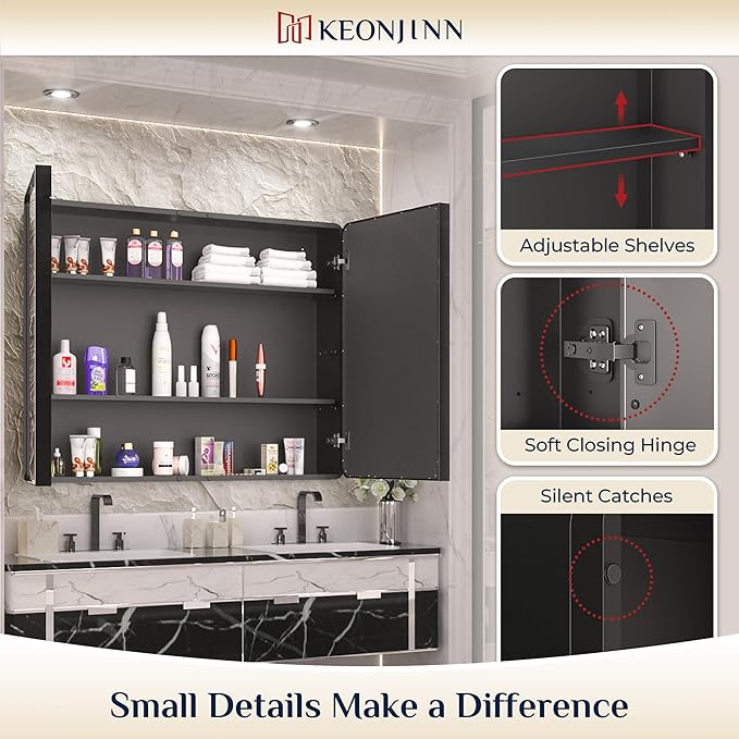 Keonjinn 40 x 32 Inch Large Black Medicine Cabinets, Recessed Bathroom Medicine - Image 7