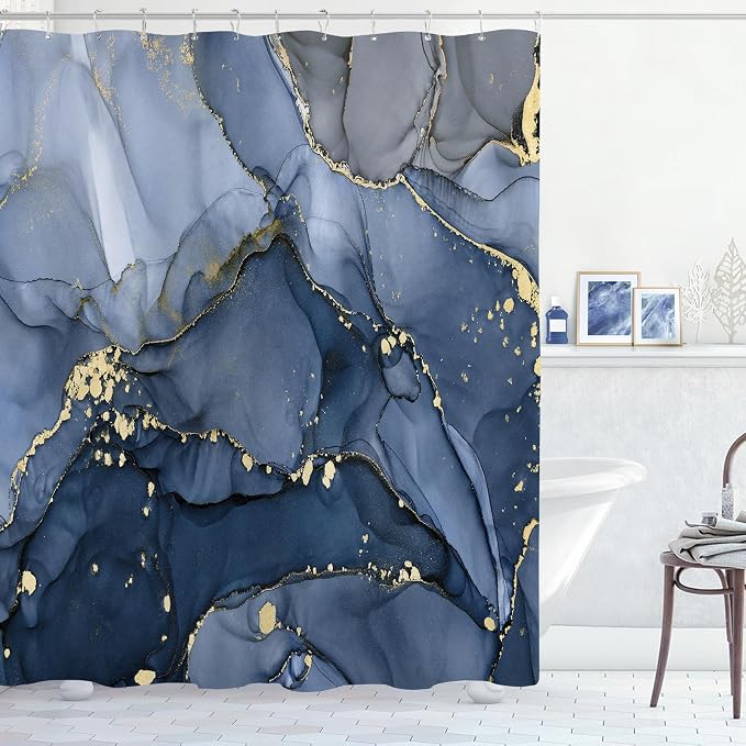 Navy Blue Marble Shower Curtain 60x72, Dark Blue Modern Abstract Fabric Shower by BayNook
