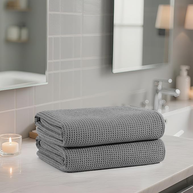 POLYTE 380 GSM Microfiber Oversize Quick Dry Lint Free Waffle Bath Towel - Image 6