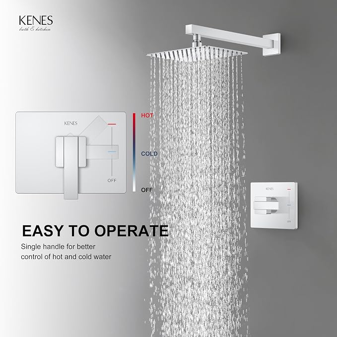 KENES Modern Polished Chrome 10-Inch Shower Head and Handle Set, Square Shower - Image 4
