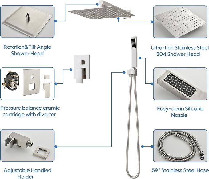 WELLFOR 12-In Wall Mounted Rain Shower Faucet - Image 7