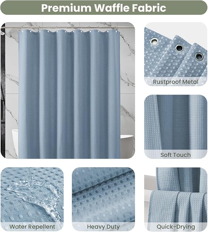 Inhousolu Fabric Shower Curtain Waffle Weave, Fog Blue 230 GSM Heavy Duty - Image 3