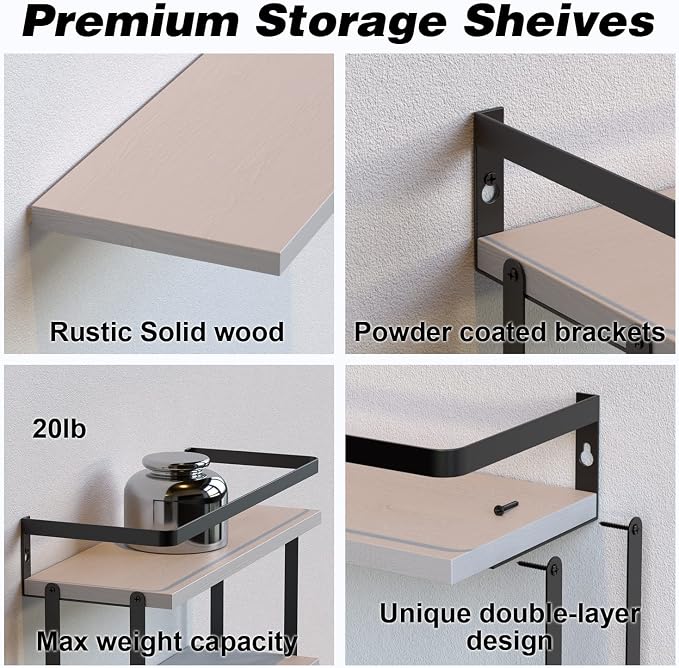 RICHER HOUSE 2+1 Tier Wall Mounted Floating Shelves Set of 2, Rustic Wood Wall - Image 3