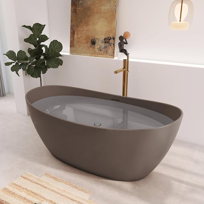 65" Premium Solid Surface Freestanding Bathtub, Contemporary Design Stand Alone - Image 6