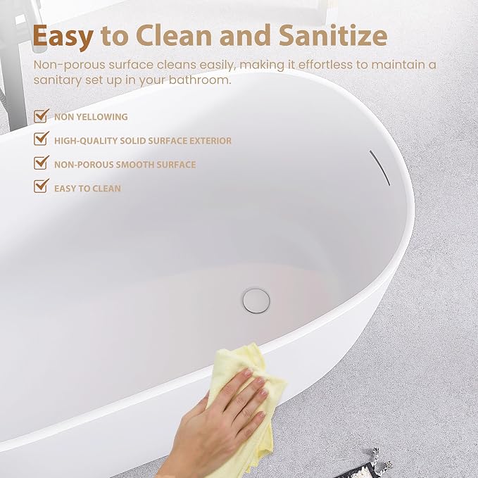 SJ STAR&JANE 47" Solid Surface Freestanding Bathtub Modern Stone Resin Oval - Image 6