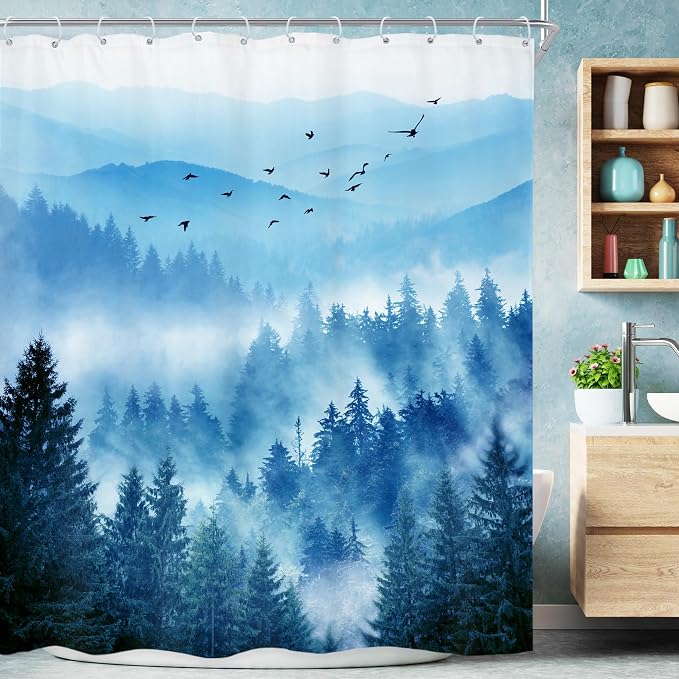 Riyidecor Extra Long Blue Shower Curtain 72Wx78H Inch Foggy Misty Nature by Riyidecor