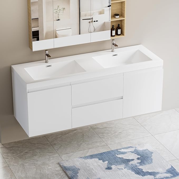 60-Inch Floating Bathroom Vanity, Modern Wall-Mounted Bathroom Storage Vanity - Image 8